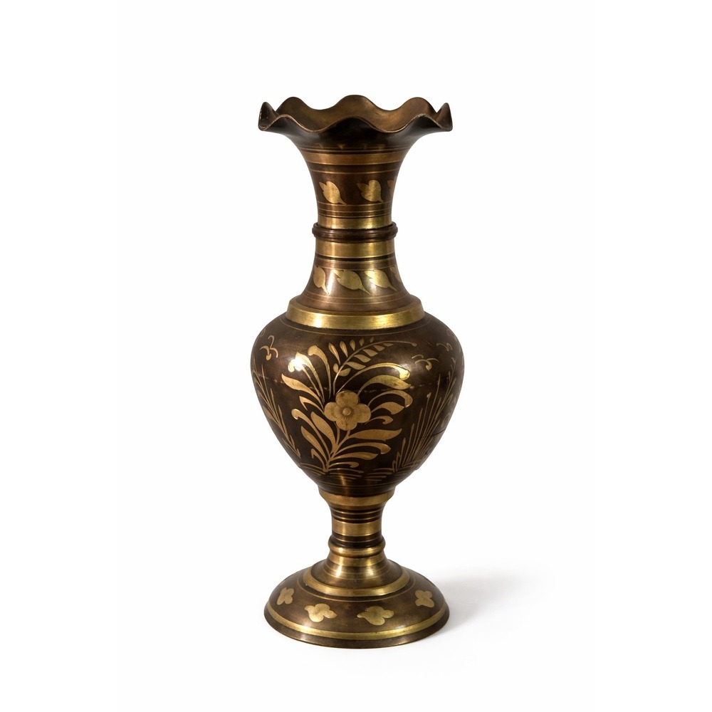 Vintage Brass Elephant Floral Floor Vase Etched Ruffle Gold 18x5 India Indian